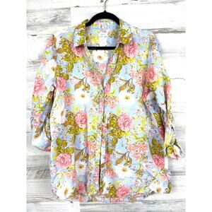 Joie Women L Blue Multi Floral 100% Linen Button-Up Roll-Cuff Lightweight Blouse